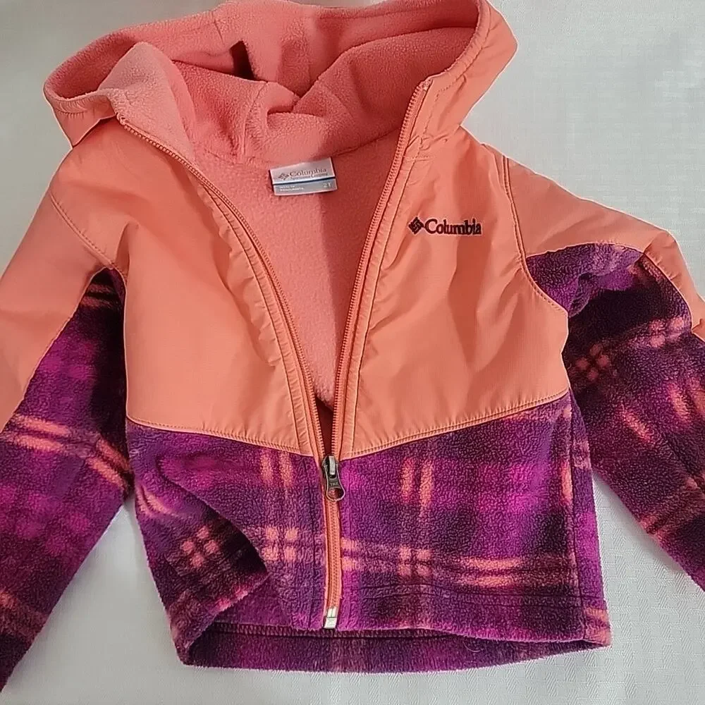 Columbia Girls Jacket 2T Hooded Fleece Plaid‎ Pink Purple Toddler Coat